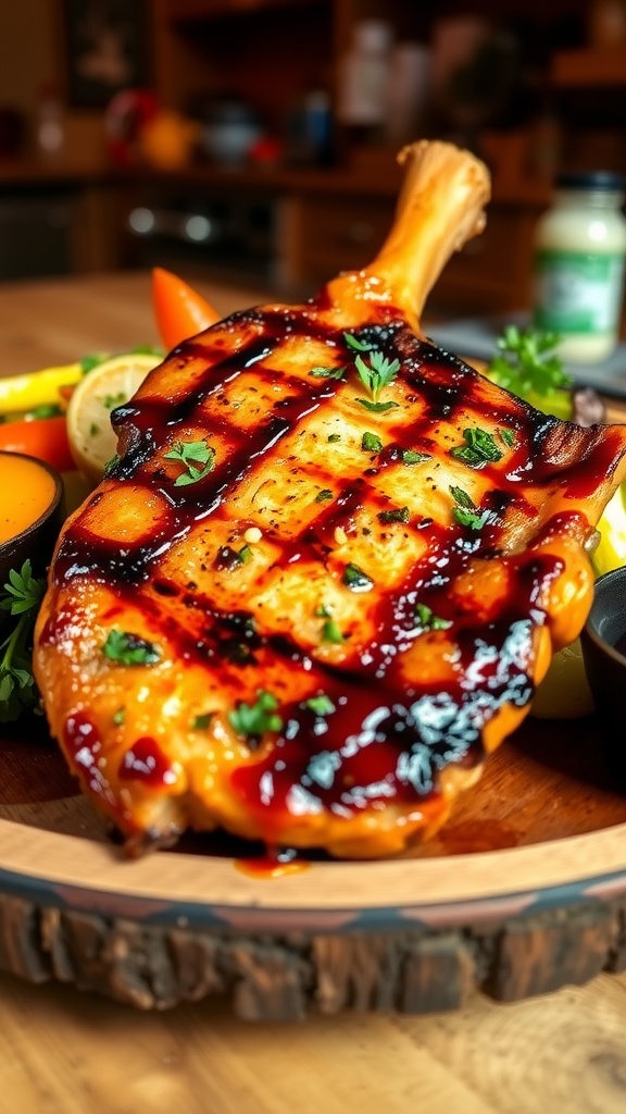 Grilled pork chop marinated, garnished with herbs, served with roasted vegetables on a wooden plate.